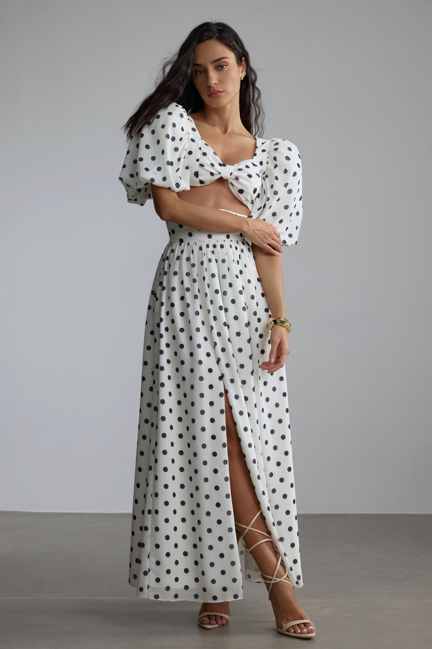 White Polka Dot Maxi Dress with Side Slit for Women - Lelia