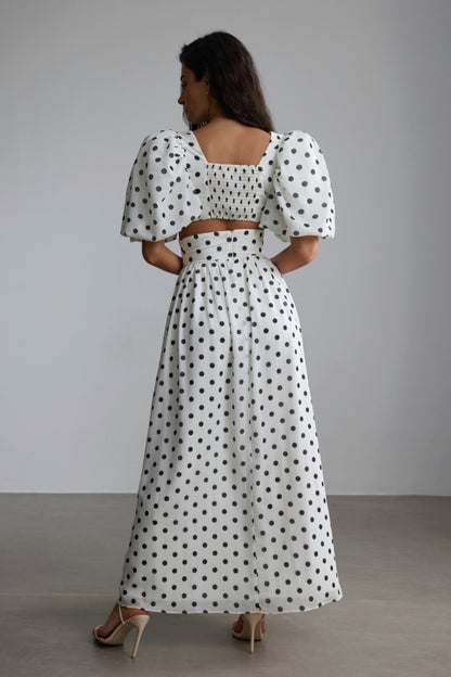 White Polka Dot Maxi Dress with Side Slit for Women - Lelia