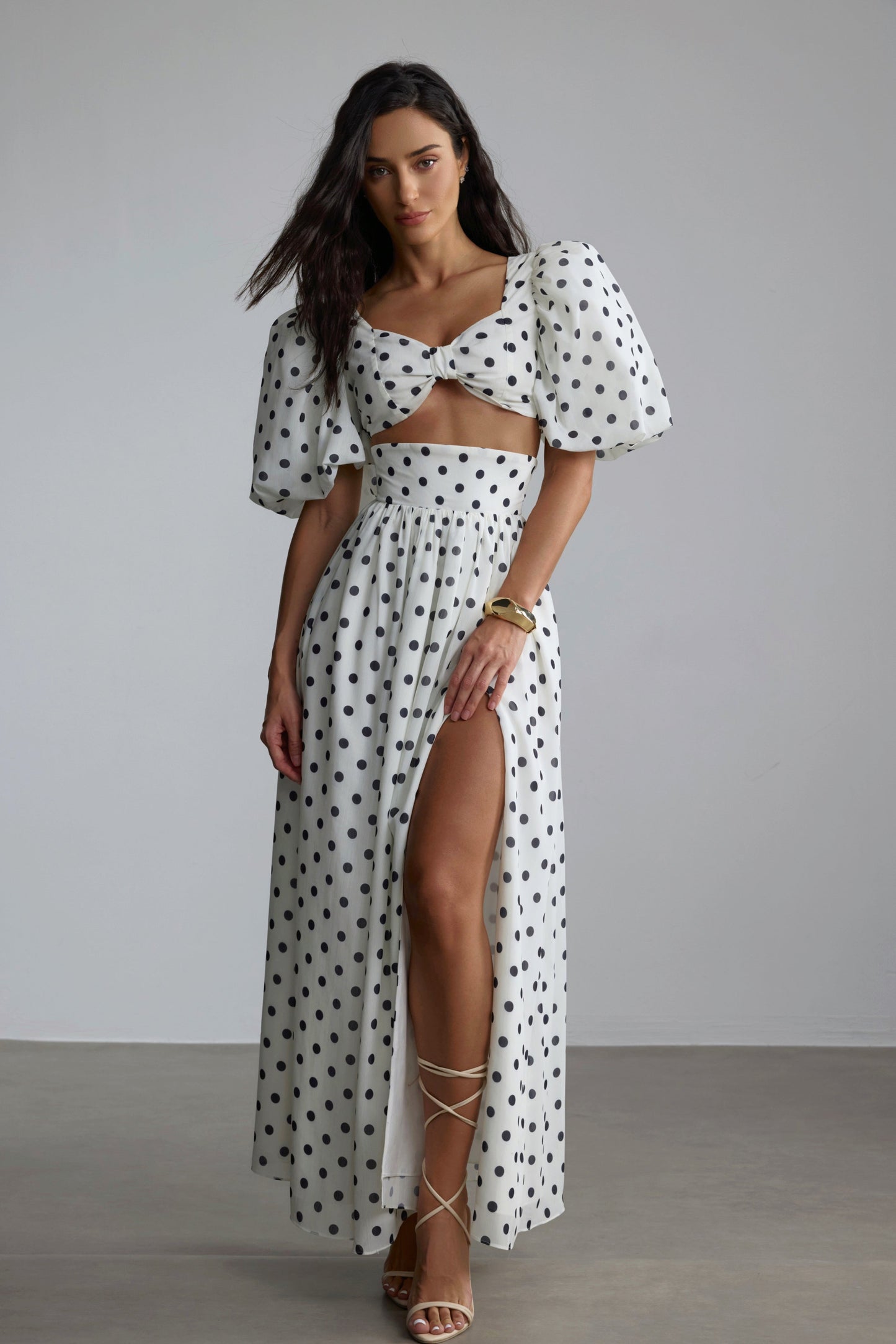 White Polka Dot Maxi Dress with Side Slit for Women - Lelia
