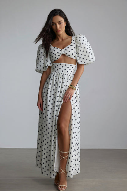 White Polka Dot Maxi Dress with Side Slit for Women - Lelia