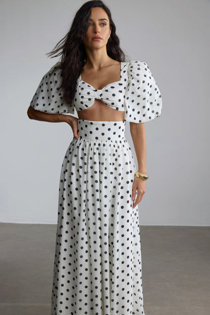 White Polka Dot Maxi Dress with Side Slit for Women - Lelia