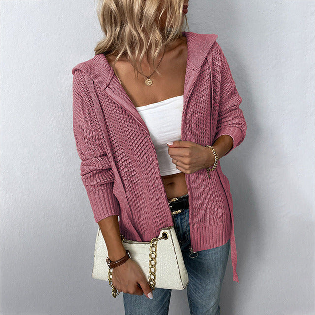 Lässiger Strick-Cardigan Mit Kapuze Rosa