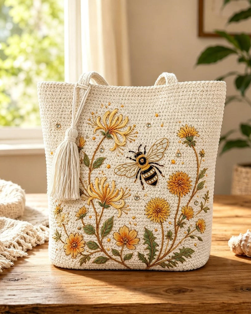 Tasche Handgefertigt Gehäkelt Biene Bestickt Tote