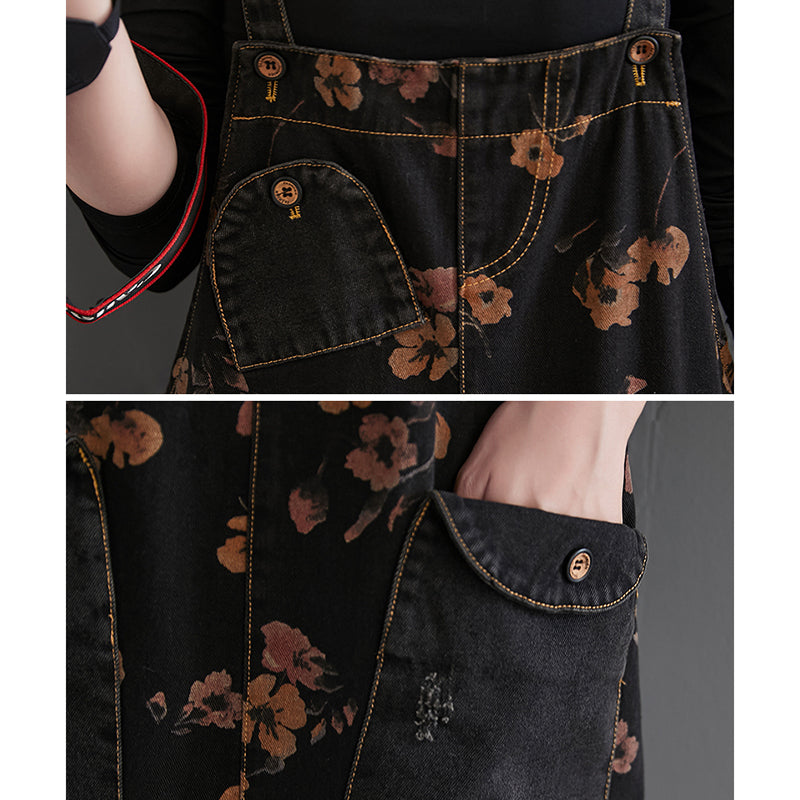 Damen Overall Aus Lockerem UbergroBem Weitem Denim Mit GroBen Taschen Blumendruck Und Tragern