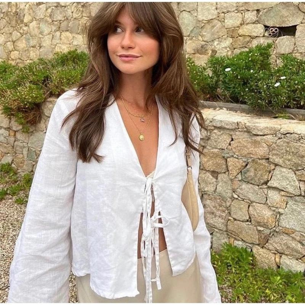 Olive green V-neck shirt with ties - Lina