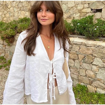 Olive green V-neck shirt with ties - Lina