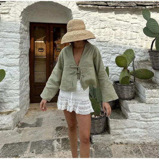 Olive green V-neck shirt with ties - Lina