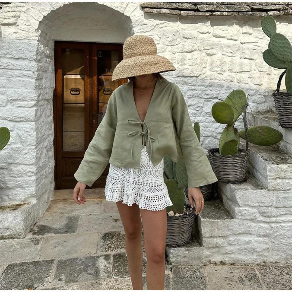 Olive green V-neck shirt with ties - Lina