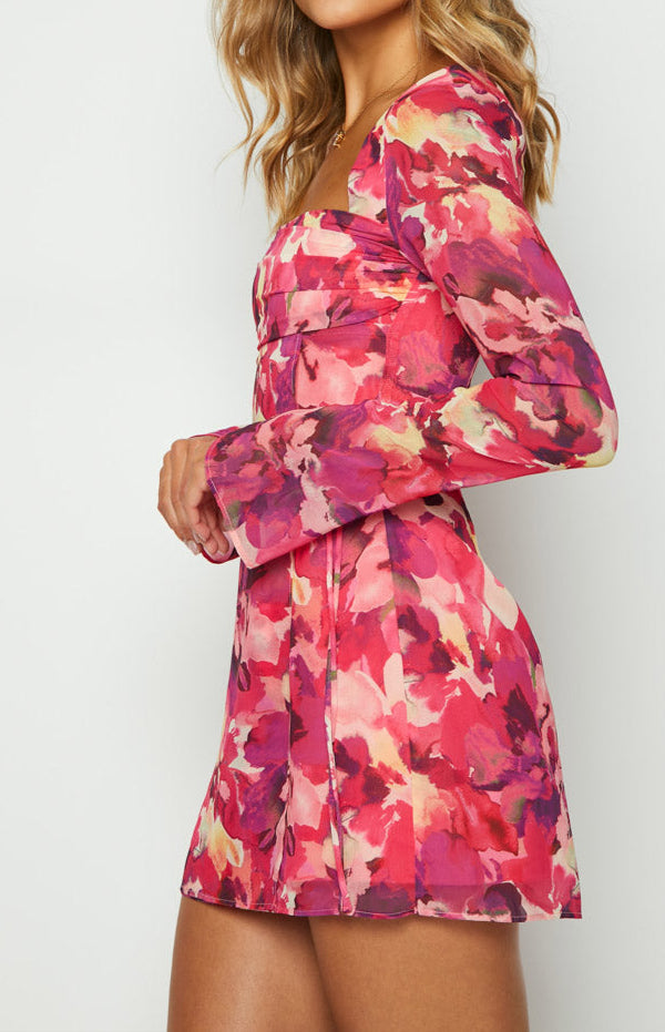 Abriana long-sleeved mini dress with pink print