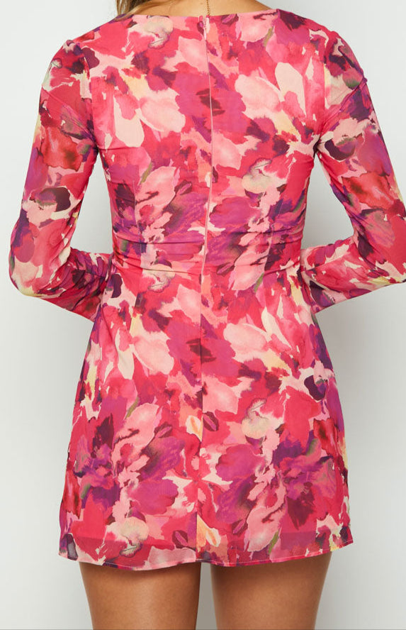 Abriana long-sleeved mini dress with pink print