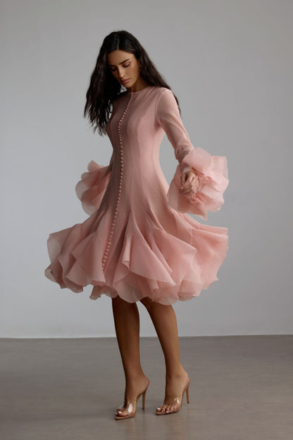 Blush Pink Ruffled Mini Dress with Button Detail for Women - Alessia