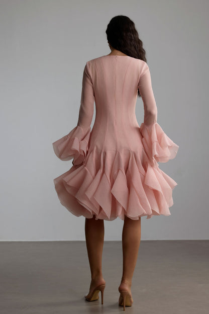 Blush Pink Ruffled Mini Dress with Button Detail for Women - Alessia