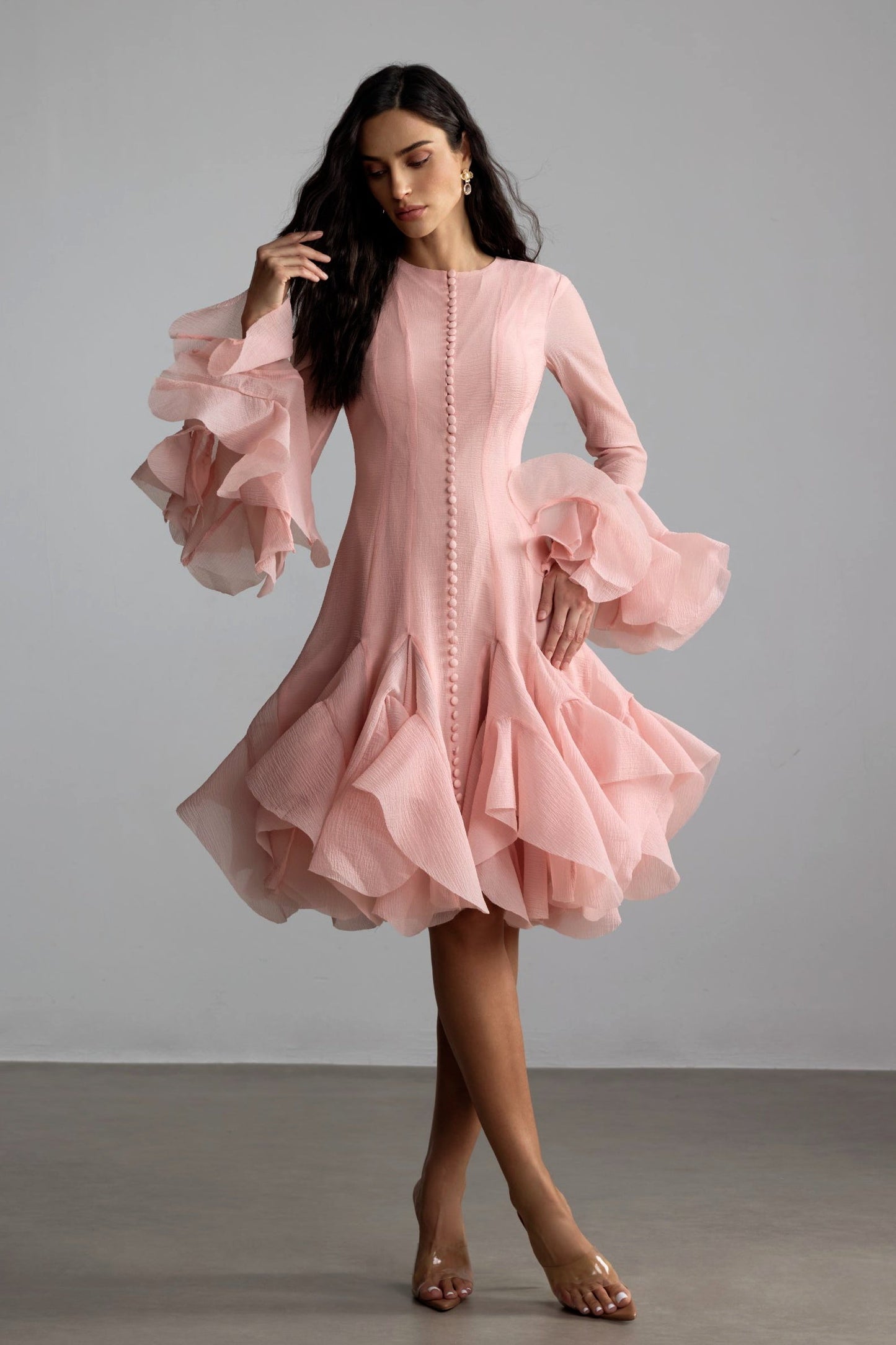Blush Pink Ruffled Mini Dress with Button Detail for Women - Alessia