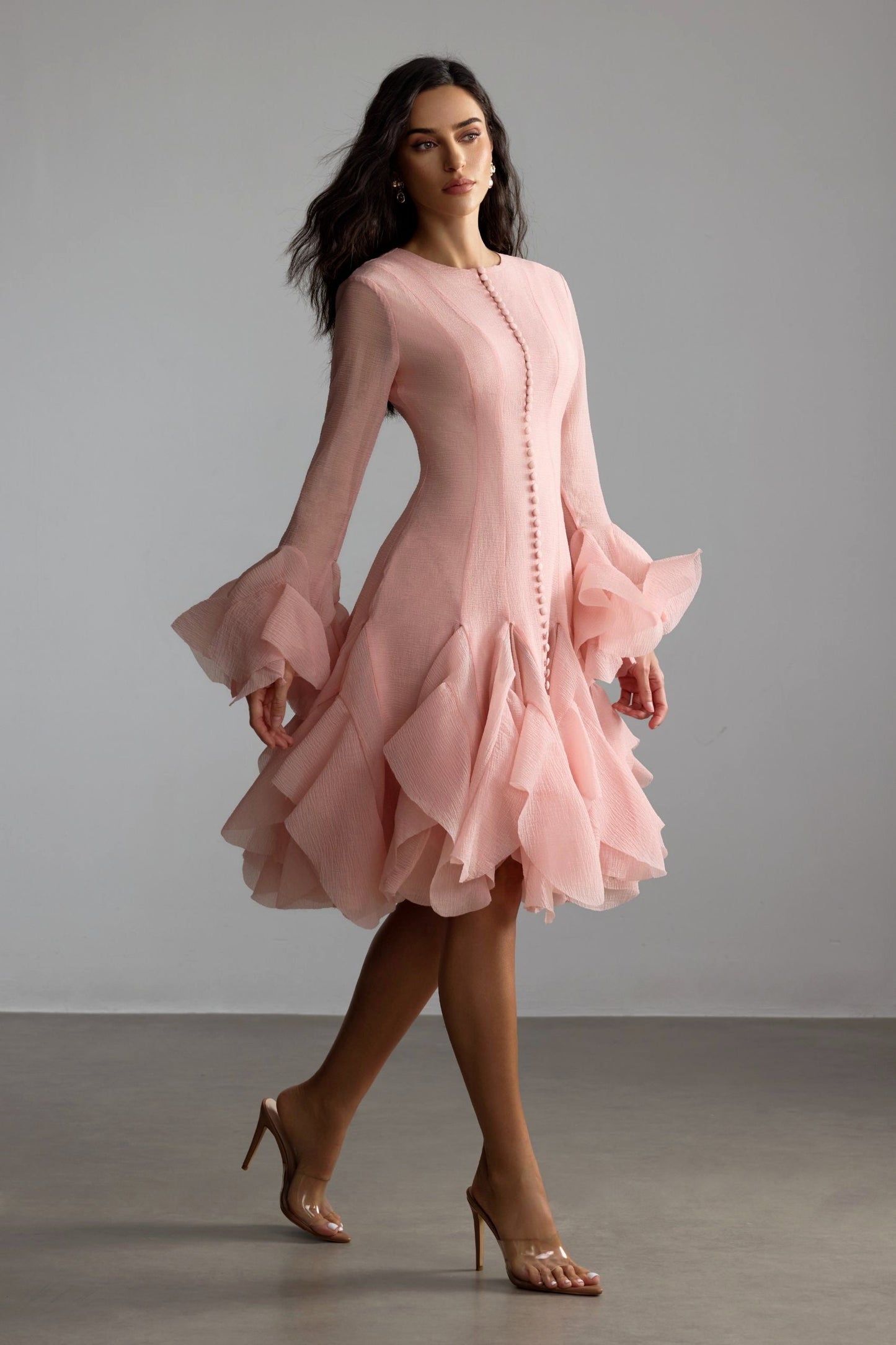 Blush Pink Ruffled Mini Dress with Button Detail for Women - Alessia