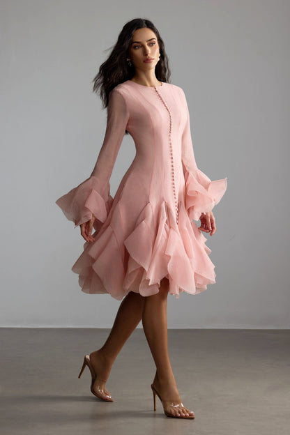 Blush Pink Ruffled Mini Dress with Button Detail for Women - Alessia