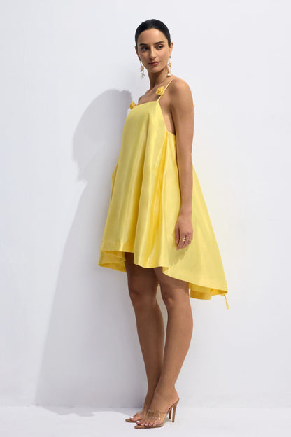 Yellow Mini Dress with Flower Details for Women - Gianna