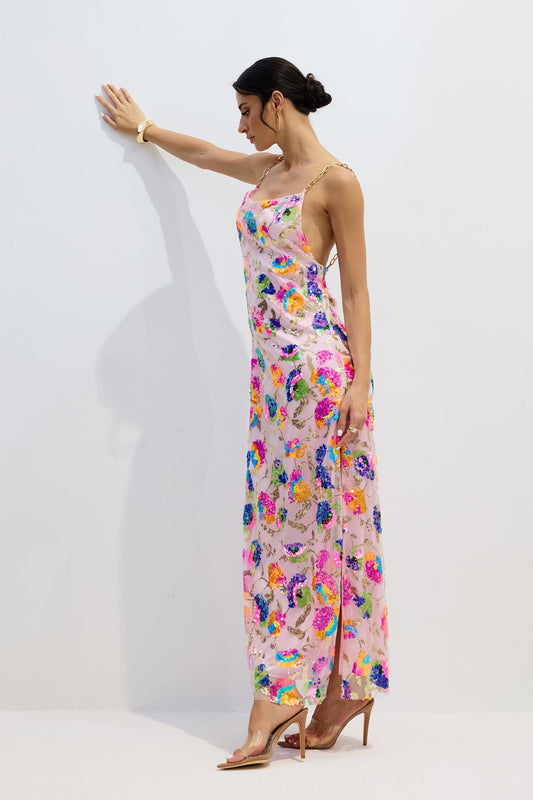 Robe longue à paillettes florales et bretelles chaîne pour femme - Donatella