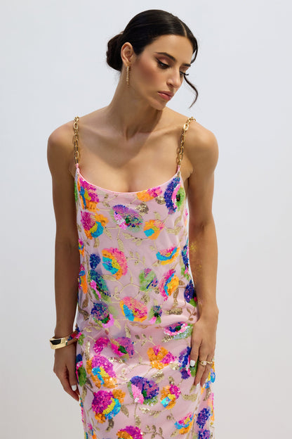 Floral Sequin Maxi Dress with Chain Straps for Women - Donatella