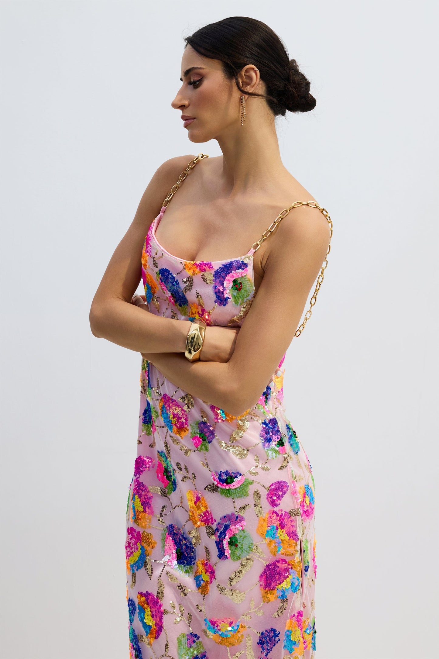 Floral Sequin Maxi Dress with Chain Straps for Women - Donatella