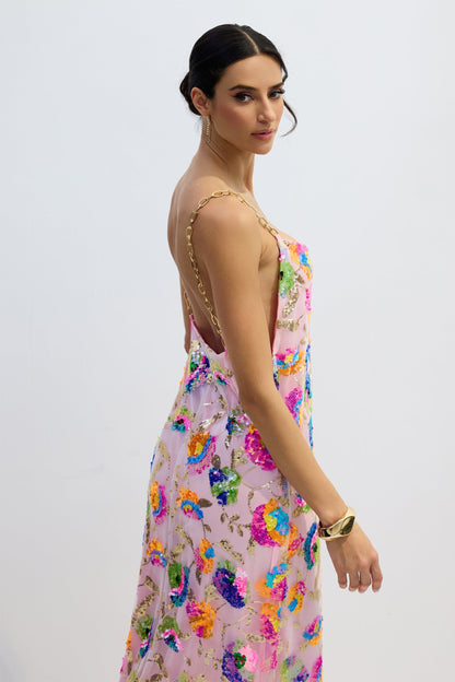 Floral Sequin Maxi Dress with Chain Straps for Women - Donatella