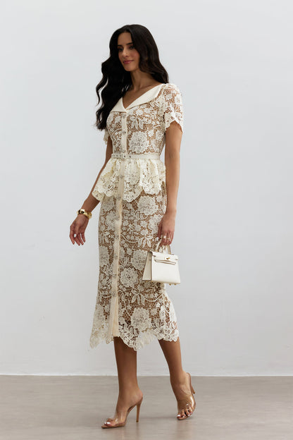 Ivory Lace Midi Dress with Peplum for Women - Wanda