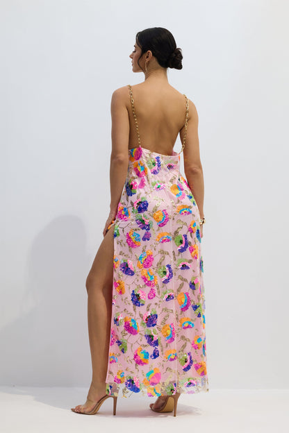 Floral Sequin Maxi Dress with Chain Straps for Women - Donatella