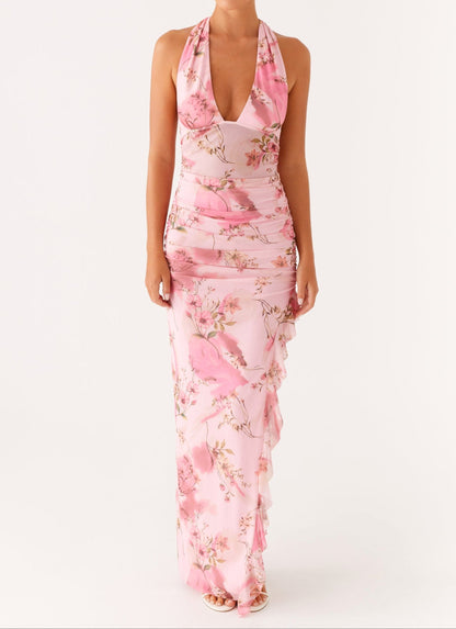 Elena Halterneck Maxi Dress – Pink Floral Print
