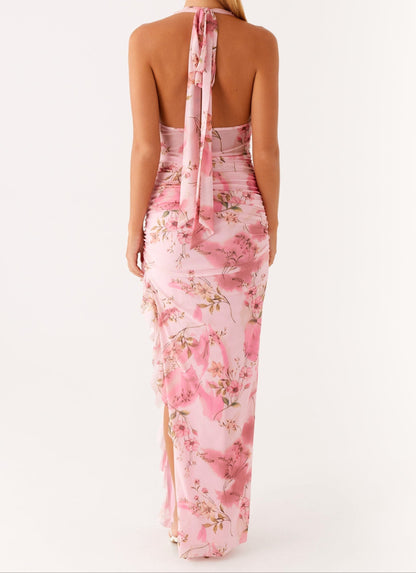 Elena Halterneck Maxi Dress – Pink Floral Print