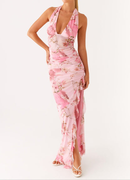 Elena Halterneck Maxi Dress – Pink Floral Print