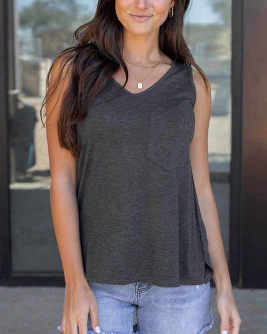 Nora Essential: Anthracite grey V-neck top with pocket detail