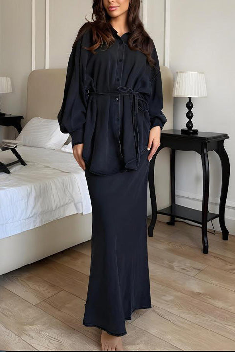 Long-sleeved tie-strap curved-hem shirt top and hip-wrapped maxi skirt two-piece set