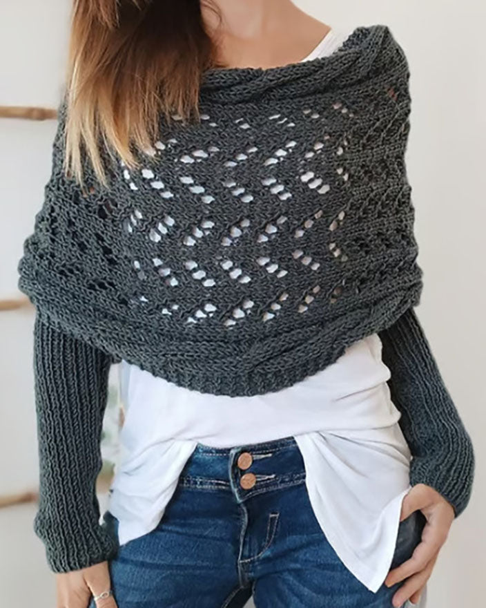 Hollow Long Sleeve Knitted Shawl Sweater