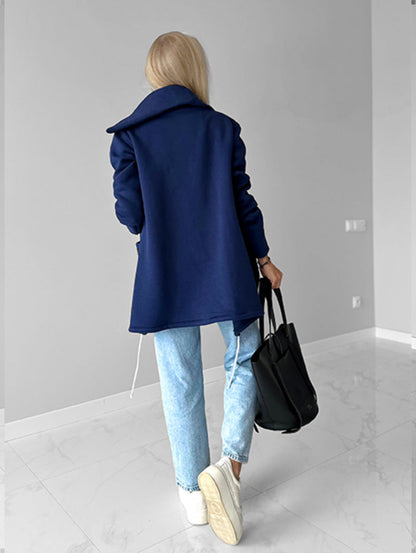 Oblique zipper Lapel Mid-length fleece sweatshirt jacket