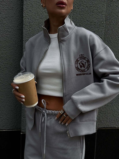 Embroidered zipper lapel sweatshirt and straight-leg trousers two-piece set