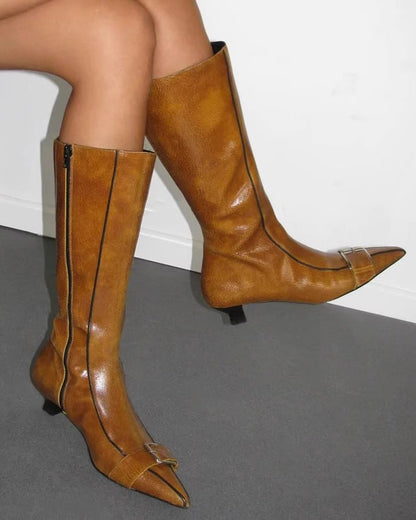 Genuine leather vintage belt buckle Chunky heel pointed toe side zipper boots