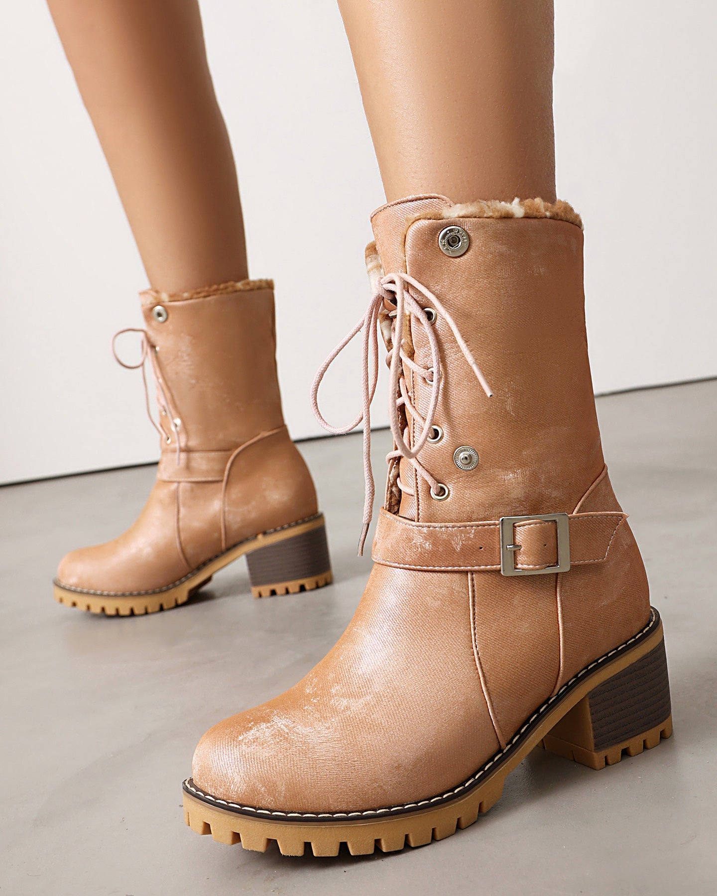 Two-way lace-up thick-heeled warm furry low boots