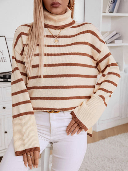 Loose Fitted Turtleneck Striped Knit Sweater