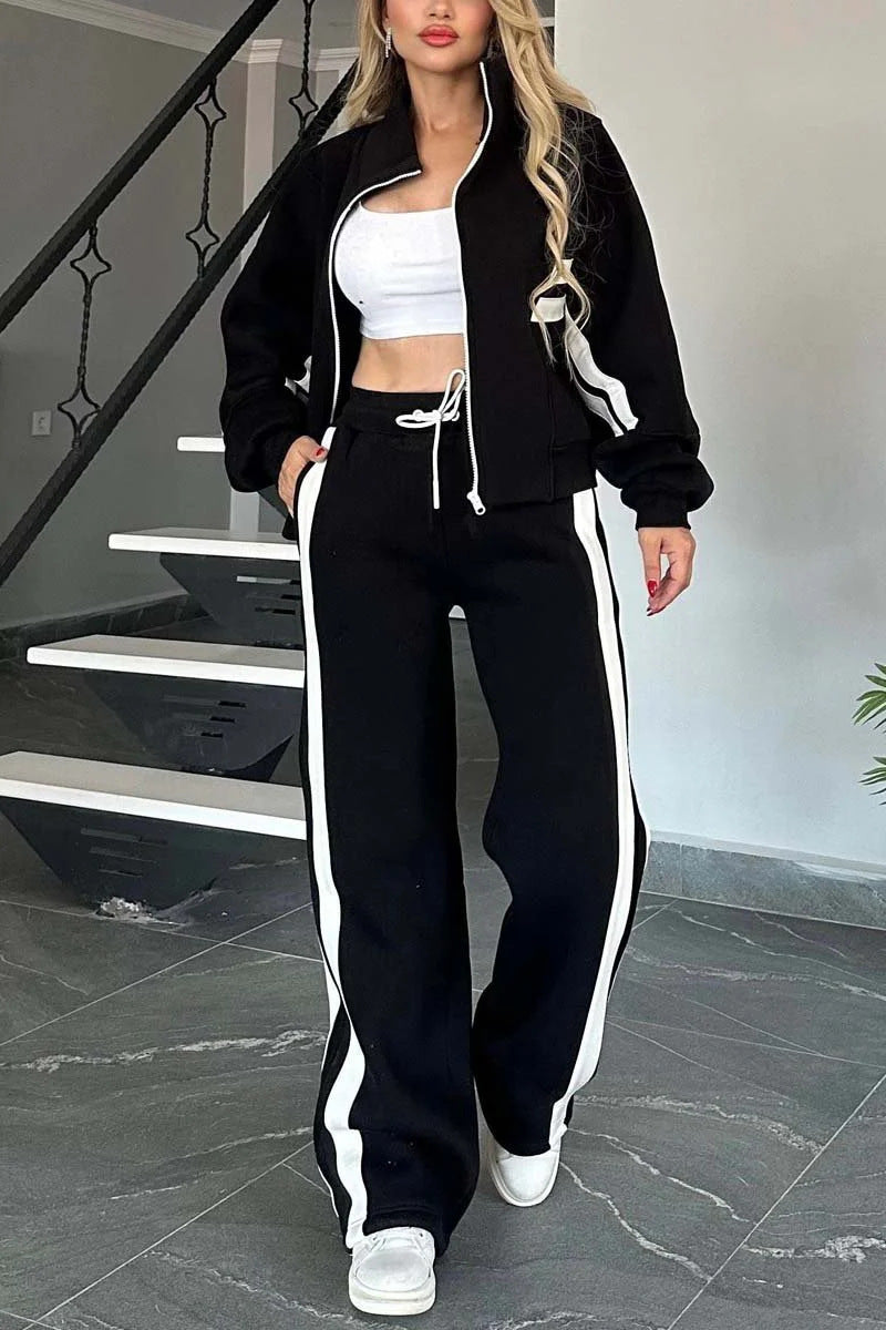 Y2K striped zip-up cropped sweatshirt jacket and sports pants two-piece set