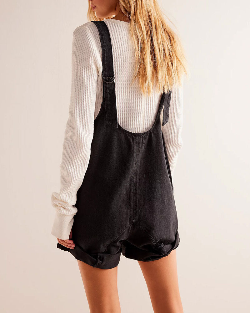 Washed distressed vest denim rompers