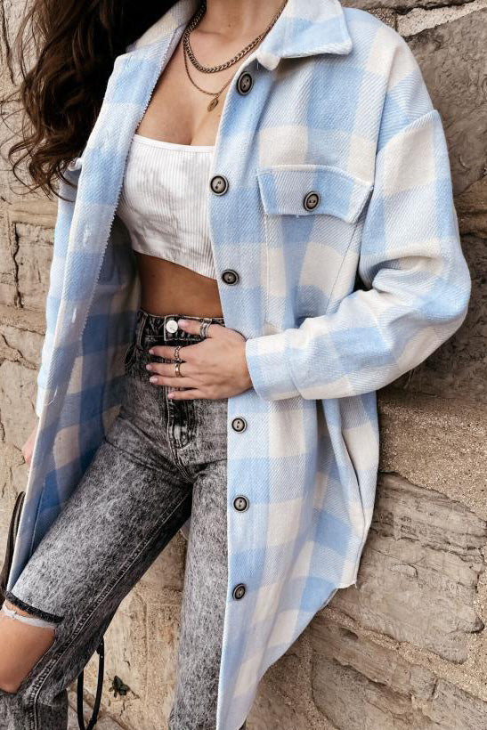 Long lapel single-breasted plaid shirt jacket