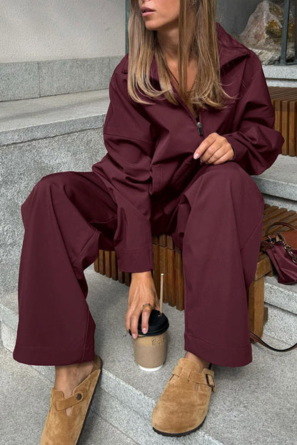 Vintage Burgundy Long-sleeved Lapel Trench Coat High-waist Slim-fit Trousers Set