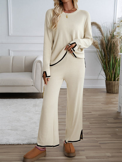 Contrasting trim Solid color knitted sweater and pants set