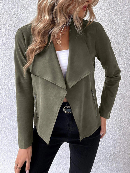 Suede Collar Solid Long Sleeve Cropped Jacket