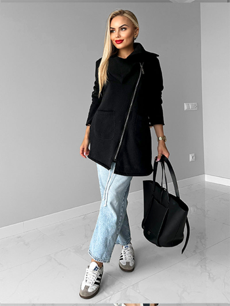 Oblique zipper Lapel Mid-length fleece sweatshirt jacket