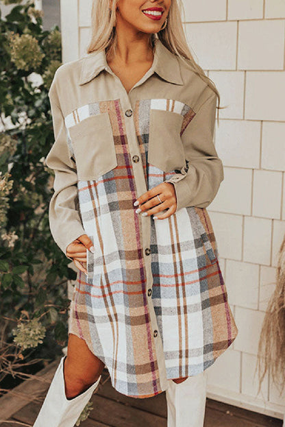 Single-breasted plaid patchwork shirt dress