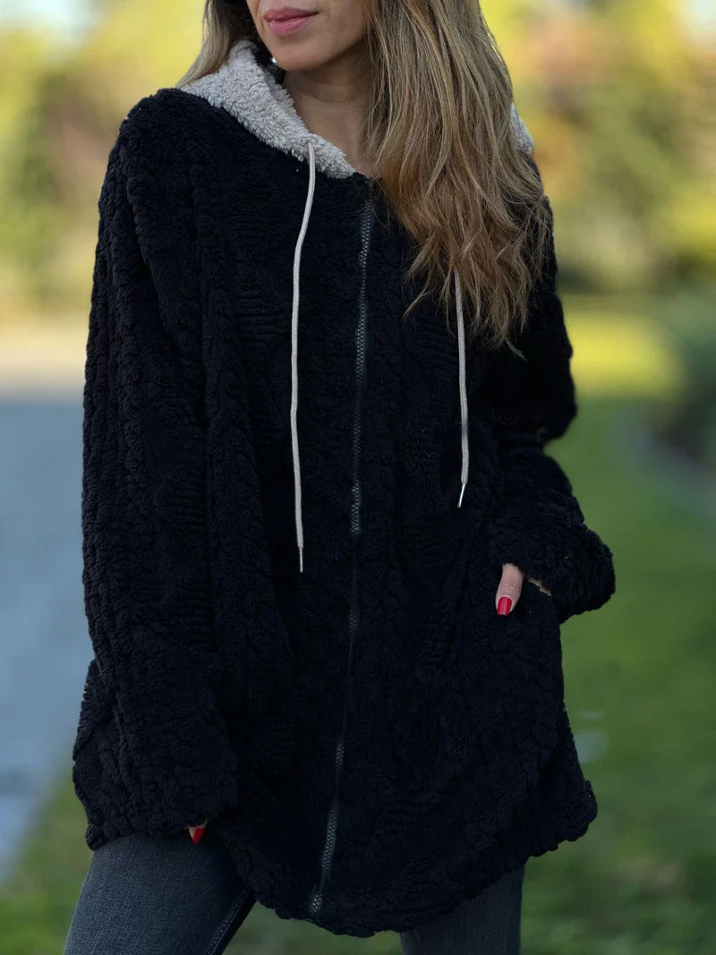Mid-length vintage hooded fur zip-up knitted jacket