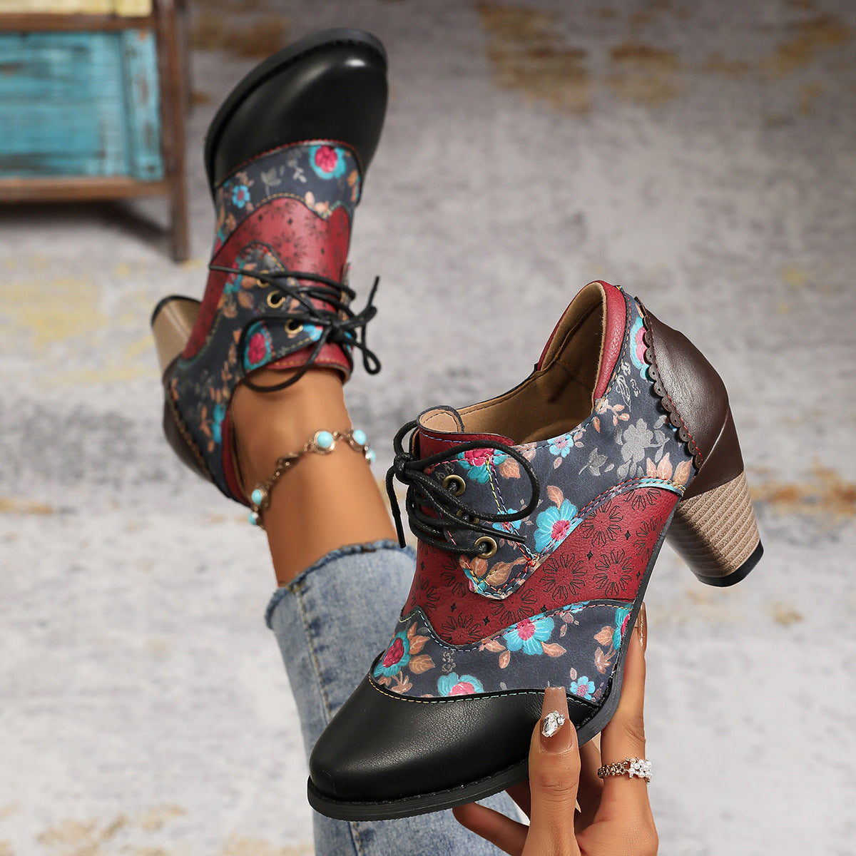 Retro ethnic thick high heels ankle Martin boots