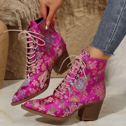 Retro ethnic style pointed toe thick heel lace-up embroidered Martin boots