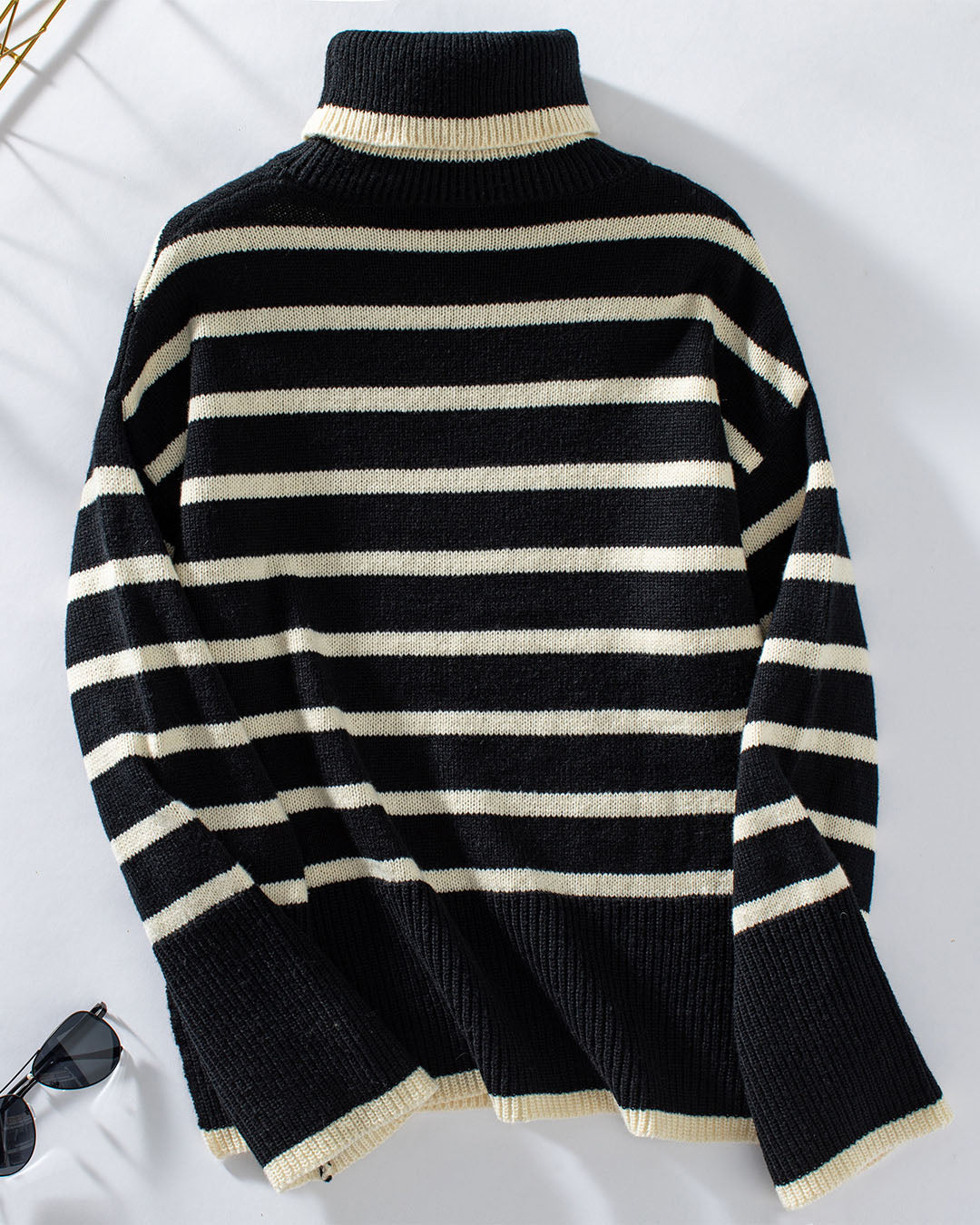 Loose Fitted Turtleneck Striped Knit Sweater