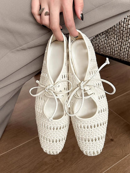 Vintage woven hollow lace-up square toe chunky heel Mary Jane shoes